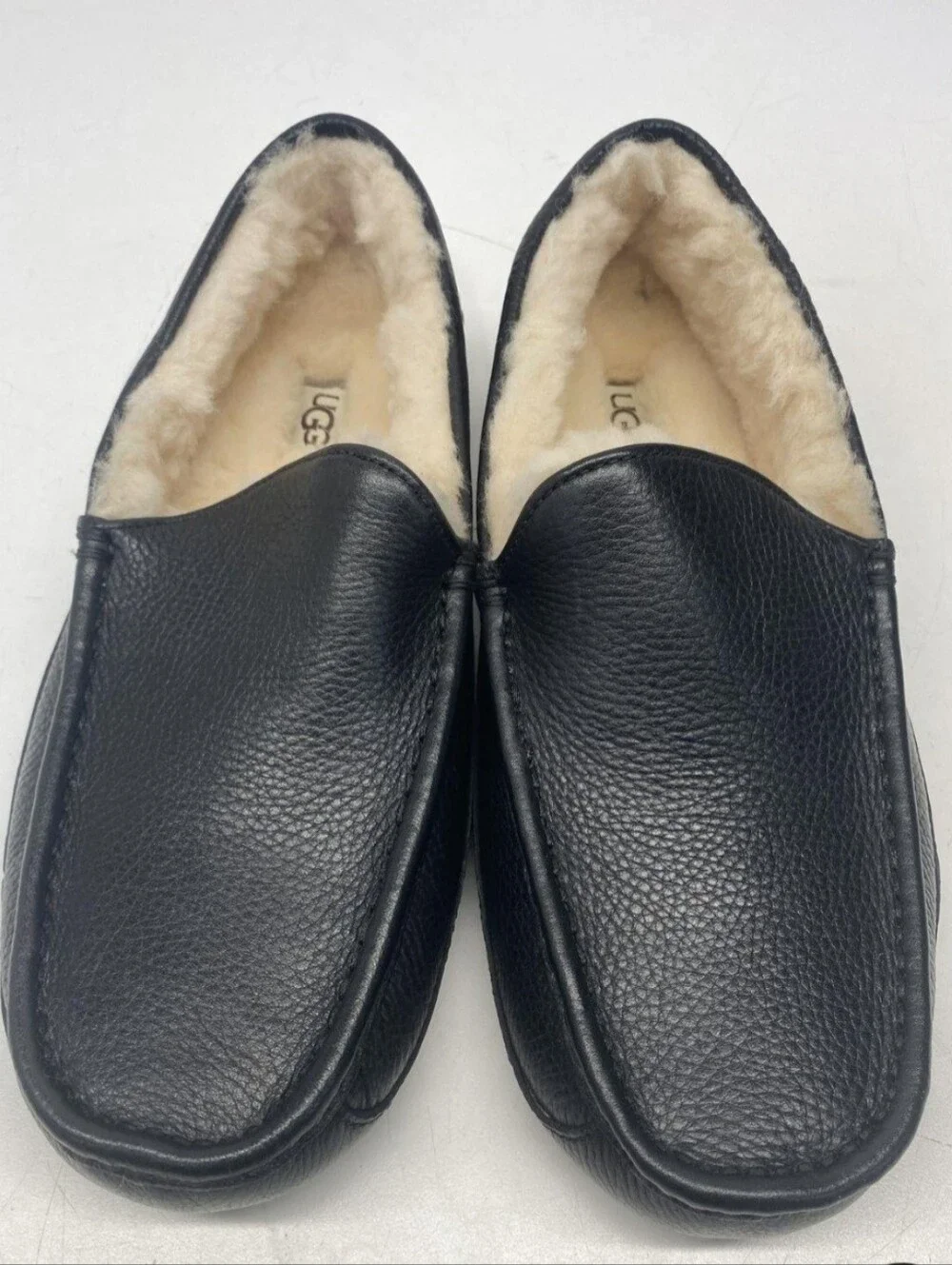 UGG Men's Black Leather Slip-On Loafers with Shearling Lining- NEW